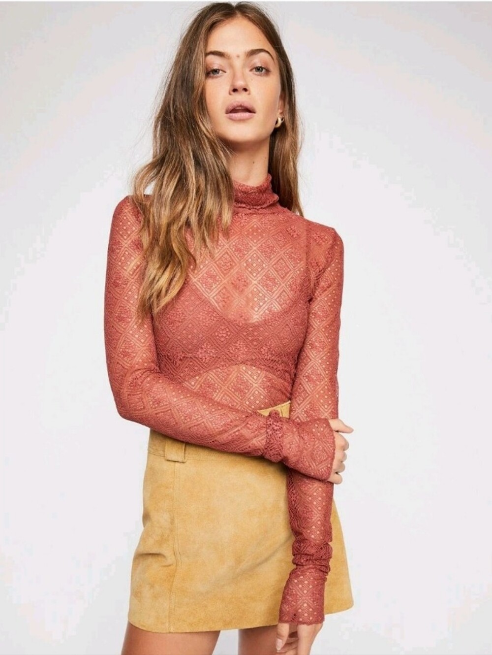 Free People Double Layer Tribeca Sweet Memories Lace Turtleneck Fitted Shirt Xs